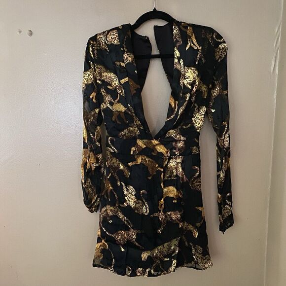 DUNDAS X Revolve dress Gloria Cats Print Gold Black Mini Short Sz XS NWT $348 - Picture 12 of 15